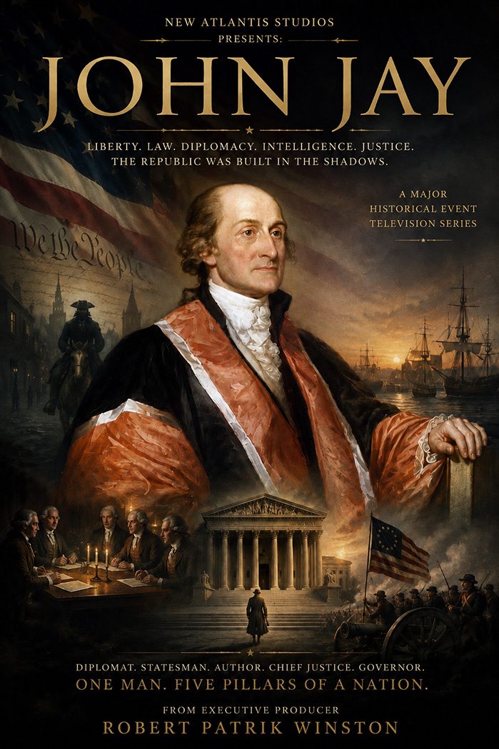 Portrait of John Jay, America’s first Chief Justice and one of the principal architects of the United States,featured for the New Atlantis Studios prestige television series JOHN JAY